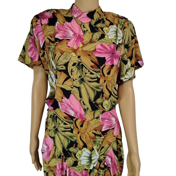 1980s April Rain Tropical Wiggle Dress Shoulder Pads Button Up Back Size Small - Picture 4 of 11